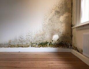 visible mold growth on the baseboard and wall near a window indicating moisture issues mold poses a health hazard and requires professional remediation the room is bright with light streaming in