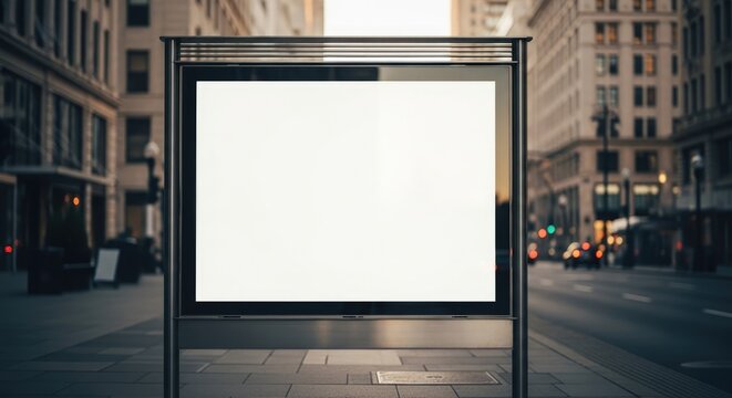 Blank horizontal digital billboard mockup on a city street sidewalk at dusk, framed by blurry urban buildings and traffic lights, ideal for advertising and promotion display.