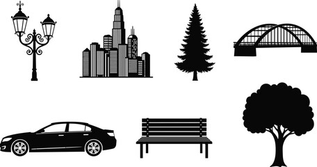 Fototapeta premium Set of black city silhouette icons, urban landscape elements with car, bridge, park bench, trees, street lamp, and skyscraper vector illustration isolated,