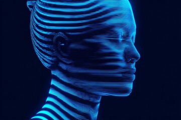 A 3D model of a woman's face formed by glowing digital lines, representing artificial intelligence.
