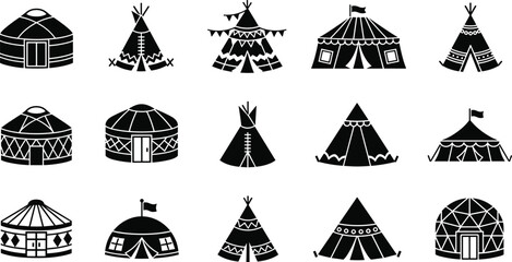 Yurt and tipi tent icon set, nomadic tribal dwellings collection, black silhouette camping and traditional hut vector illustration isolated on white © Manharul