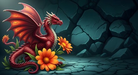 Obraz premium A red dragon standing on a stone path surrounded by vibrant orange flowers
