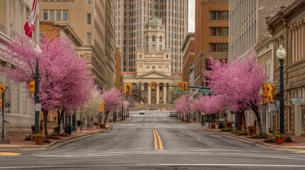 Obraz premium Serene Spring Scene in Urban Street with Cherry Blossom Trees Framing a Quiet Avenue in a Bustling City Center