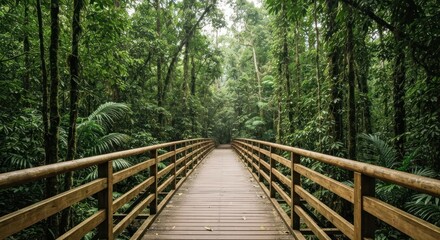 Fototapeta premium A wooden bridge stretches through a dense, verdant rainforest, leading into the unknown
