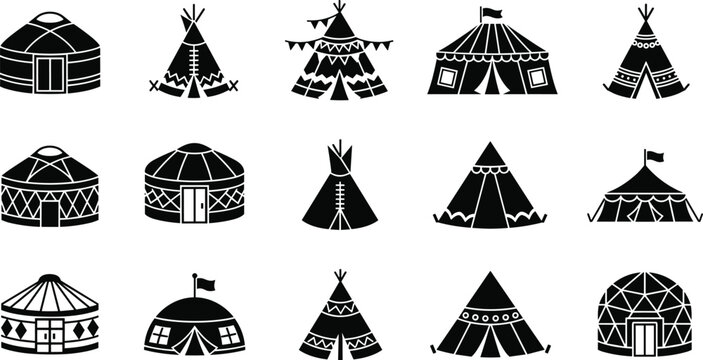 Yurt and tipi tent icon set, nomadic tribal dwellings collection, black silhouette camping and traditional hut vector illustration isolated on white