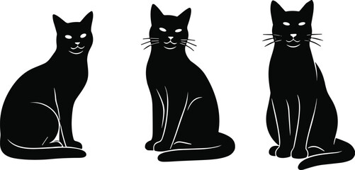 Black cat silhouettes, stylized feline illustration, sitting posture, minimal design, whiskers detail, vector art, pet animal graphic design © MdBalal