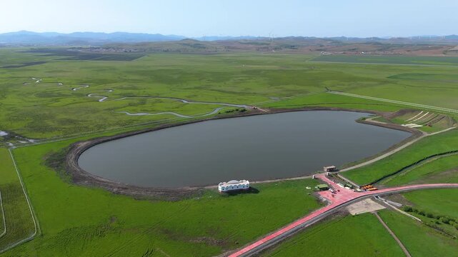 Bashang Grassland Plateau - Aerial View with Lake and Agricultural Fields