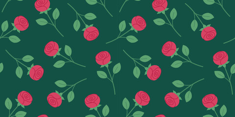 Seamless floral pattern with red roses and green leaves on dark green background. Romantic botanical design for textile, wrapping, wallpaper, packaging and decorative prints. Flat vector. Hand drawn.