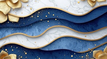 Obraz premium Elegant layers, gold, marble, & blue waves