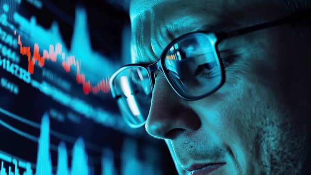 Financial manager analyzing investor profit metrics in a high-tech office at night while reviewing market trends on digital displays