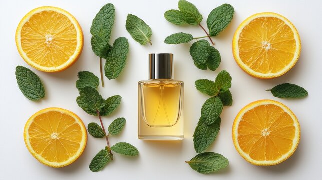 Elegant perfume bottle with orange and mint