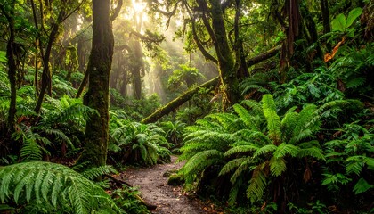 Fototapeta premium Lush, dense forest scene bathed in sunlight, with ferns and trees creating a vibrant and verdant atmosphere. A dirt path winds through the forest