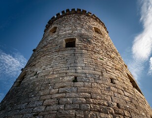 Naklejka premium a tall cylindrical castle tower composed of weathered stone blocks