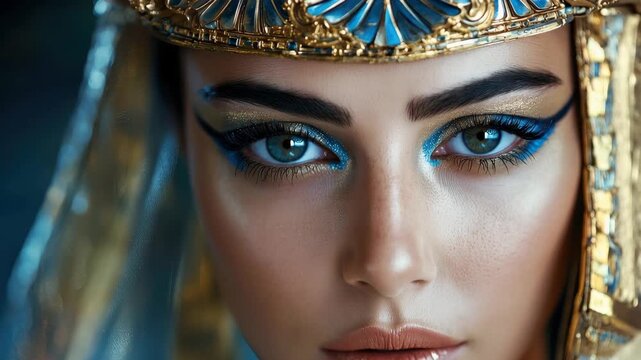 Stunning closeup of a woman showcasing exquisite Cleopatra-inspired makeup with bold eyeliner and shimmering eye shadow in a beautifully adorned headdress