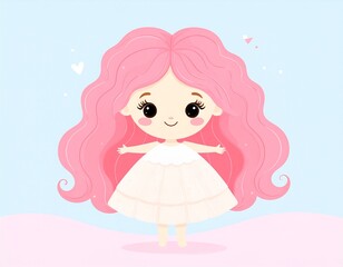 Fototapeta premium Adorable little girl with pink hair and white dress standing happily
