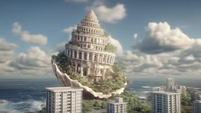 Surreal spiral tower on a giant seashell, floating high above a modern coastal city with ocean views. Futuristic architecture concept.