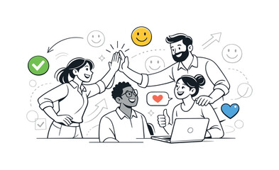 Healthy workplace culture. Team members supporting each other, checkmarks and smile icons hovering to show satisfaction