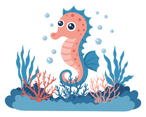Cute seahorse in the sea underwater with corals and algae. Illustration. © Tatiana