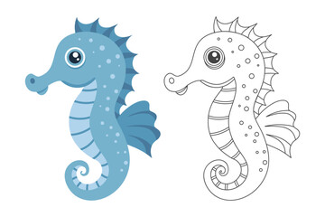 Cute blue seahorse illustration with coloring page outline. Coloring book for children. © Tatiana