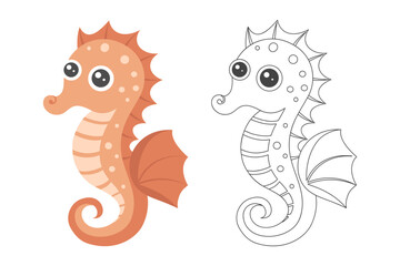 Cute pink seahorse illustration with coloring page outline. Coloring book for children. © Tatiana