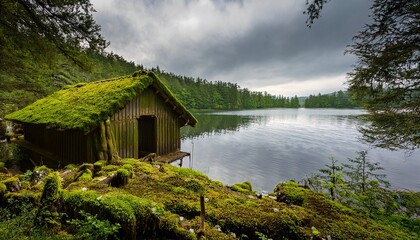 Fototapeta premium mossy roof shed beside a lake framed by trees and mossy foliage on a cloudy day