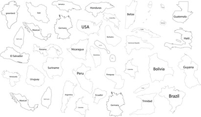 Scattered Country Outlines With Labels Keywords: world map, countries, continents, geography © Dilara