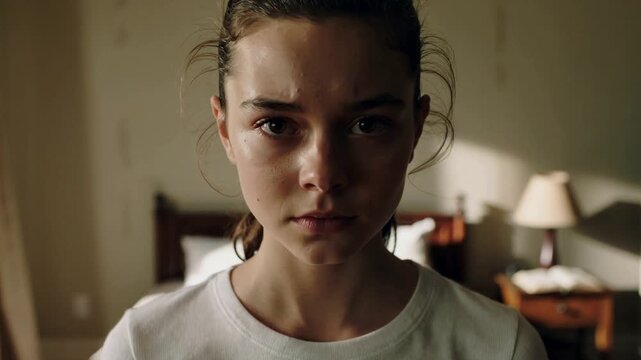 White teenage girl standing in bedroom looking tense at camera in soft indoor light - adolescence insecurity and emotional vulnerability concept