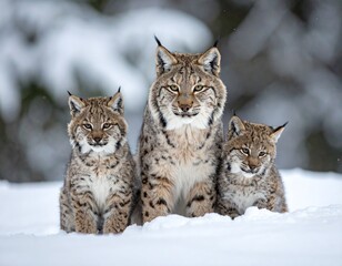 Obraz premium Lynx en compagnie de ses petits dans un champ enneigé. Generated Image. 