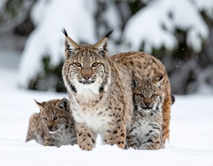 Obraz premium Lynx en compagnie de ses petits dans un champ enneigé. Generated Image. 