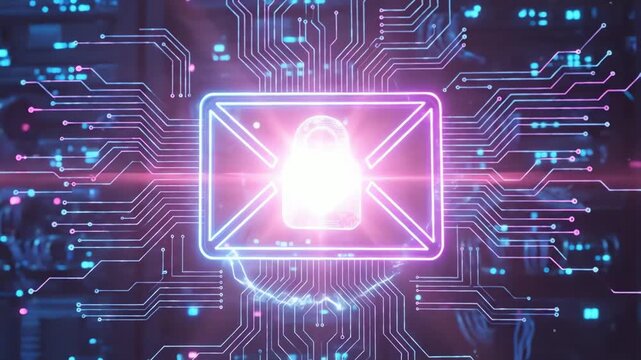 Abstract digital illustration of secure electronic messaging with a glowing padlock on an envelope icon over a circuit board, symbolizing data protection.