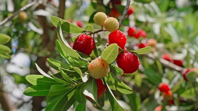 Bayberry Tree Branch with Ripe Red Fruits and Green Leaves
