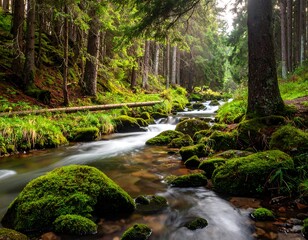 Fototapeta premium Lush forest scene featuring a flowing stream winding through moss-covered rocks and verdant vegetation under sunlight