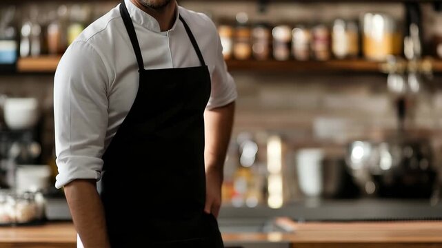 Professional bartender wearing a white shirt and black apron stands confidently in a busy bar environment during evening service