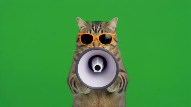 A playful tabby cat, wearing vibrant orange sunglasses, enthusiastically holds a megaphone, ready to deliver a cheerful announcement on a bright green backdrop