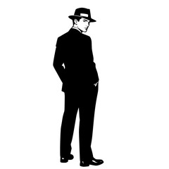 Sleek Noir Gentleman Silhouette, Retro Noir Man in Fedora Illustration
