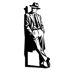 Vintage Noir Style Man in Trench Coat and Fedora  or Retro Detective Illustration Vector