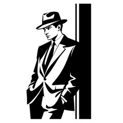 Sophisticated Gentleman in Suit and Fedora Leaning - Retro Business Fashion Illustration