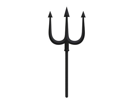 An illustration depicting a symmetrical black trident with three prongs, a long, slender handle, isolated on a white backdrop