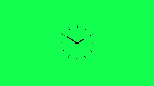 Abstract clock spinning, watch animation on green background. Clock icon flat style. 12 hours clock dial loop, twenty-four hours time lapse animation