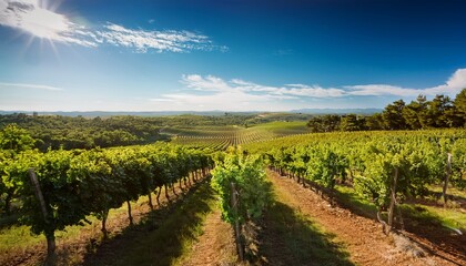 a breathtaking view of a lush vineyard with rows of grapevines meticulously arranged surrounded by vibrant trees under a bright sky showcasing nature s beauty and harmony