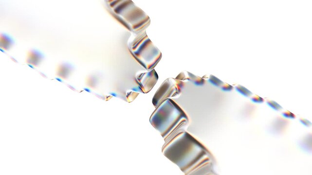 K Abstract Iridescent Glass Gears Interlocking on White Background