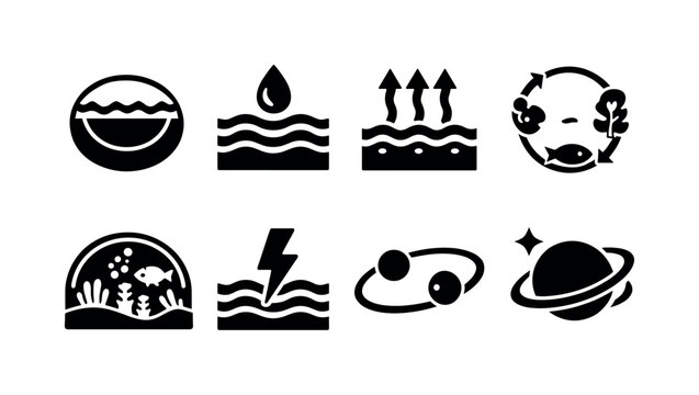Icy moon habitability. Filled icon set of Icy moon habitability: layered ice shell, liquid water reservoir, tidal