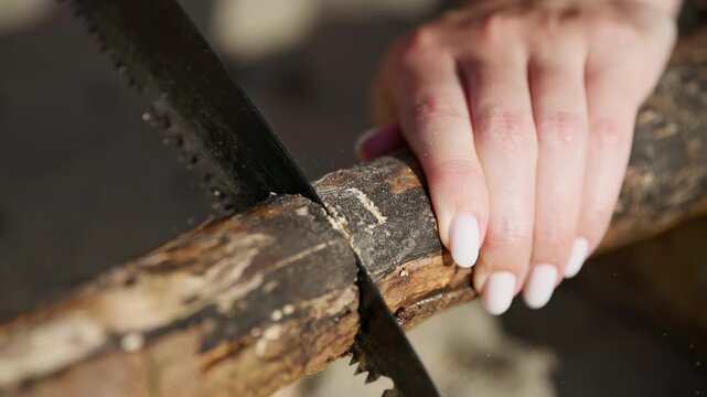 Female hand sawing rough wooden branch with hand saw close-up focus