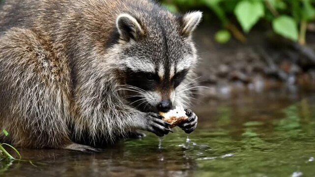 A close-up shot of a raccoon in the wild, delicately eating a piece of food near a body of water