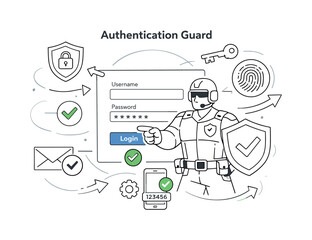 Obraz premium Authentication Guard. Login form protected by layered security icons, focused moment of verification. Minimal arrows and