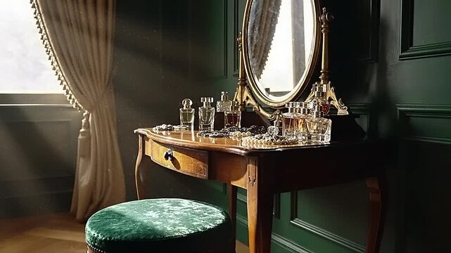 Luxurious dressing table with ornate mirror and perfume bottles in an elegant room.