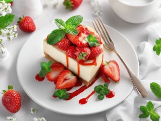 Cheesecake slice with fresh strawberries and mint
