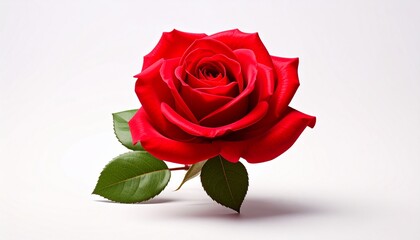 Fototapeta premium Single Vibrant Red Rose with Green Leaves Isolated on White Background