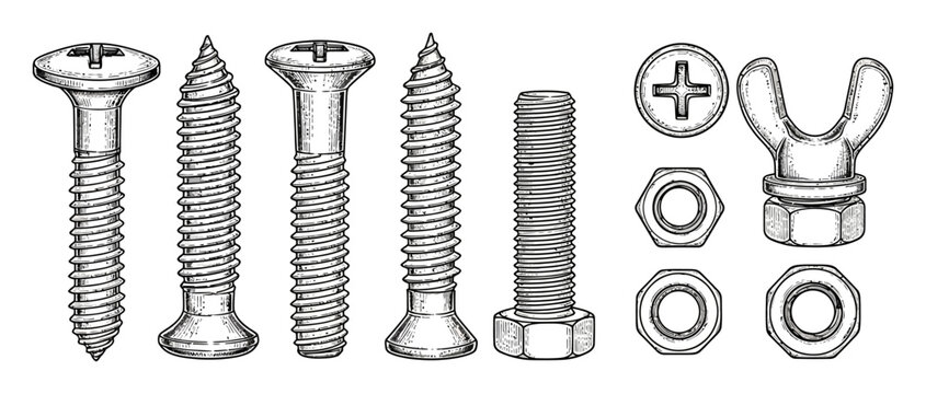 Collection of vintage style screws bolts nuts and wingnut isolated white background