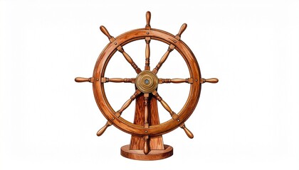 Vintage Wooden Ship&rsquo;s Wheel Illustration on an Isolated White Background for Nautical, Leadership, and Maritime Navigation Concepts